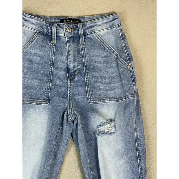 Judy Blue Jeans Womens 3/26 Blue Boyfriend Fit Distressed Mid Rise Stretch Denim - Picture 2 of 13